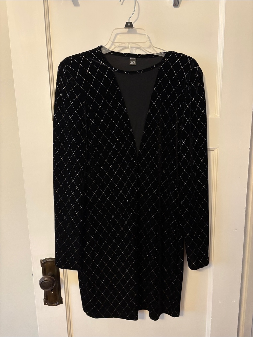 SHEIN Black Velvet Long Sleeve Dress with Silver Diamond Grid